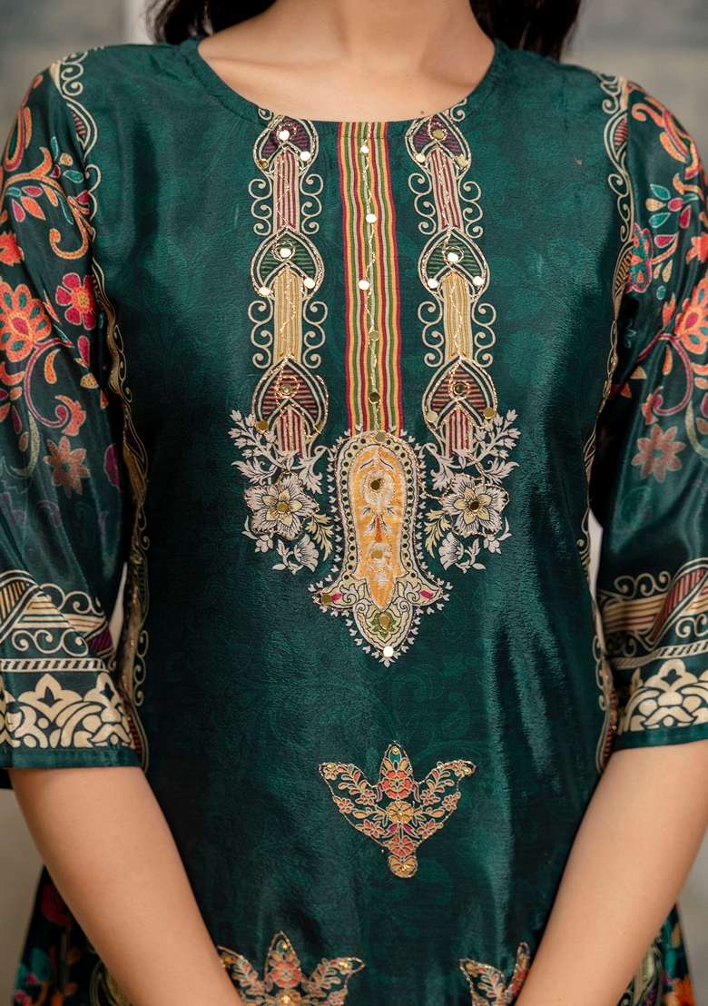 Teal Embroidered Silk Palazzo Set - Indya