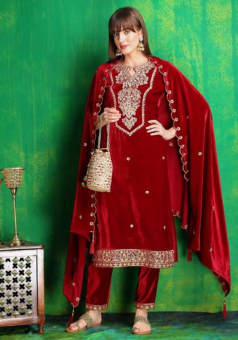 Maroon Embroidered Velvet Kurta Set