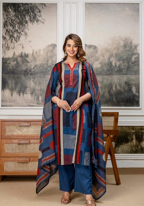 Blue Printed Cotton Kurta Set