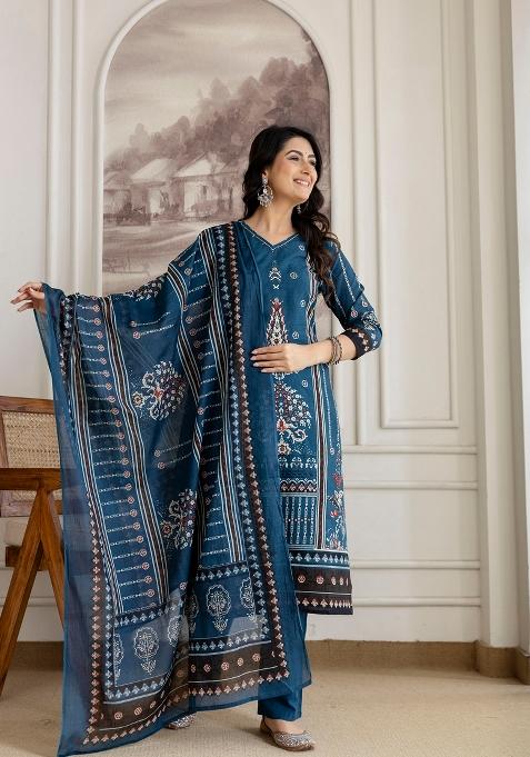Teal Printed Cotton Kurta Set