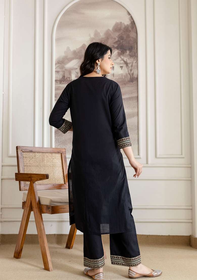 Black Embroidered Cotton Kurta Set - Indya