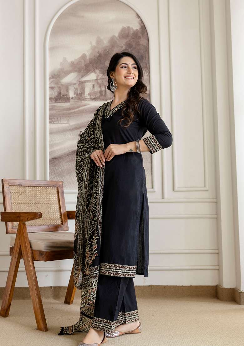 Black Embroidered Cotton Kurta Set - Indya