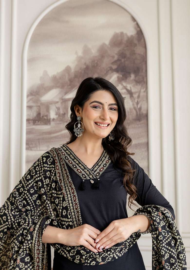 Black Embroidered Cotton Kurta Set - Indya
