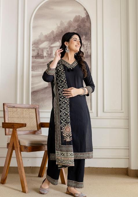 Black Embroidered Cotton Kurta Set