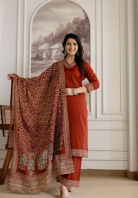 Rust Embroidered Cotton Kurta Set