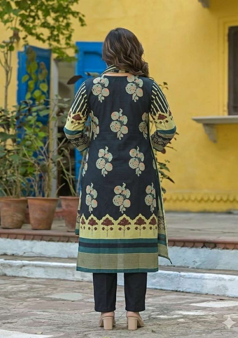 Black Printed Cotton Kurta Set - Indya