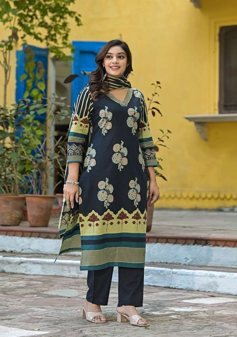 Black Printed Cotton Kurta Set - Indya