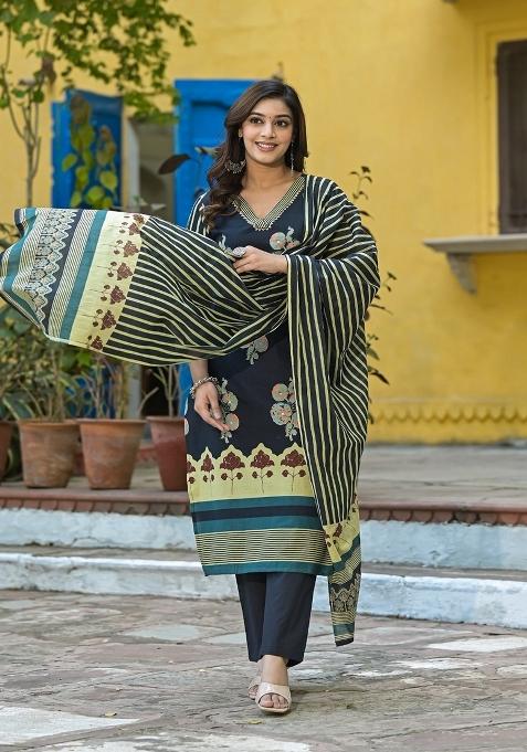 Black Printed Cotton Kurta Set
