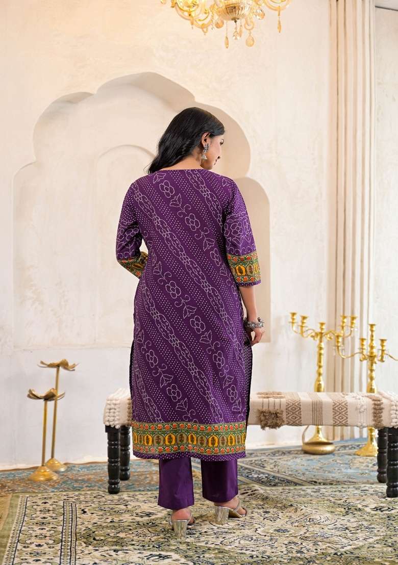 Purple Embroidered Cotton Kurta Set - Indya