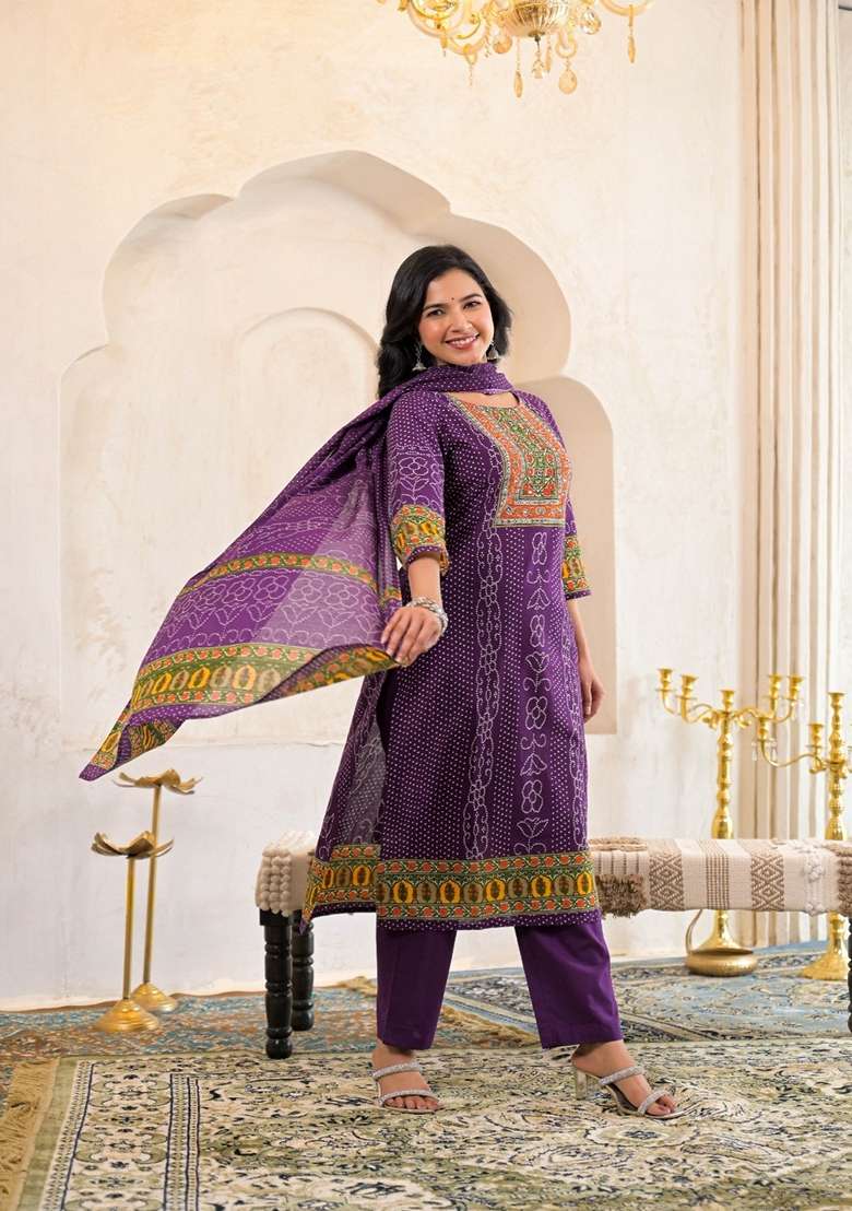 Purple Embroidered Cotton Kurta Set - Indya