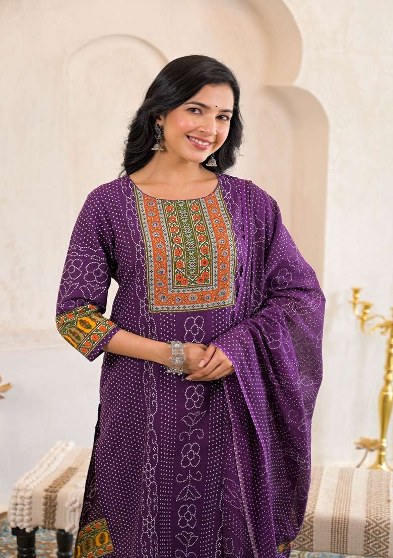 Purple Embroidered Cotton Kurta Set - Indya