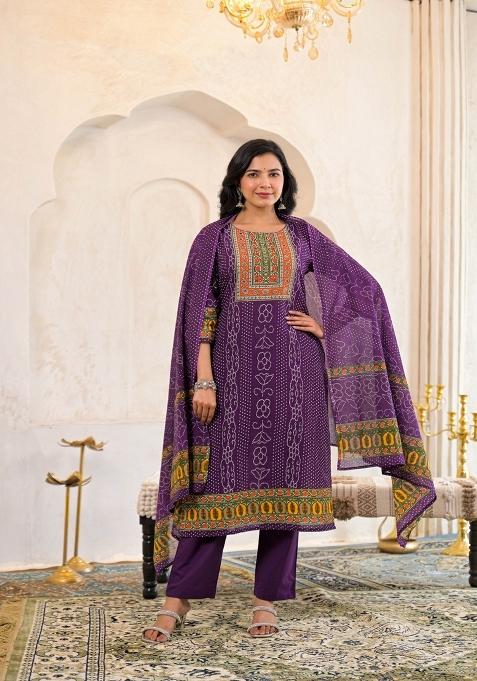 Purple Embroidered Cotton Kurta Set
