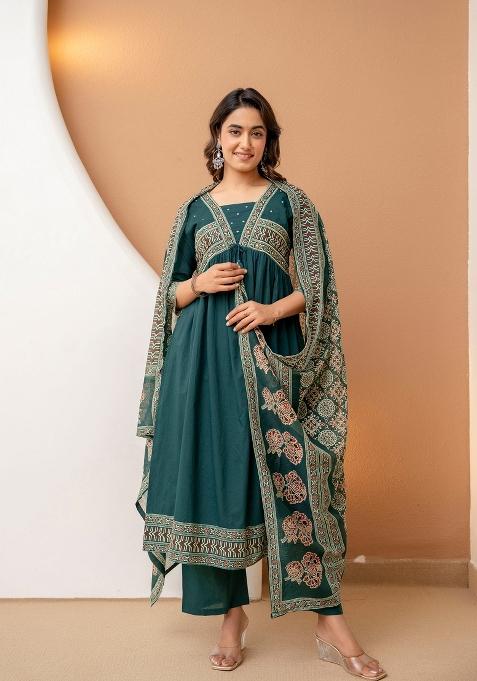 Green Embroidered Cotton Kurta Set