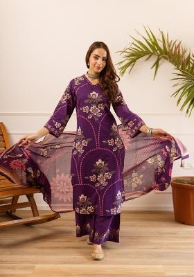 Purple Embroidered Cotton Palazzo Set