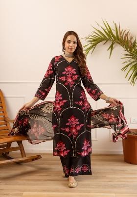 Black Embroidered Cotton Palazzo Set