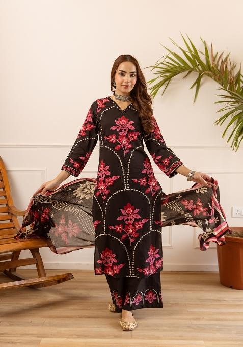 Black Embroidered Cotton Palazzo Set