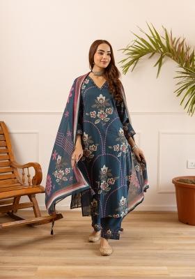 Teal Embroidered Cotton Palazzo Set