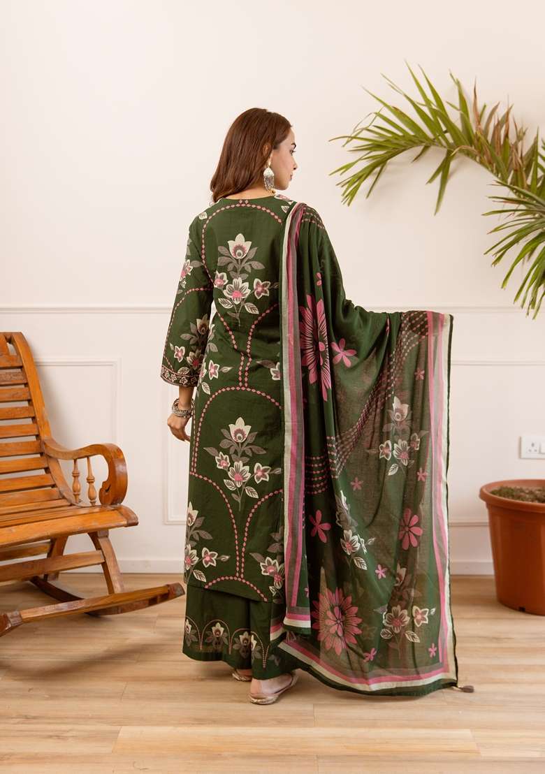 Green Embroidered Cotton Palazzo Set - Indya
