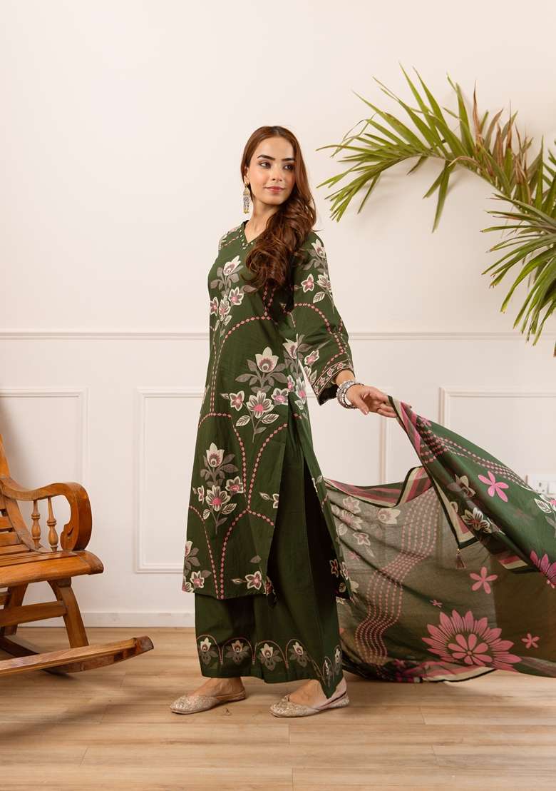 Green Embroidered Cotton Palazzo Set - Indya