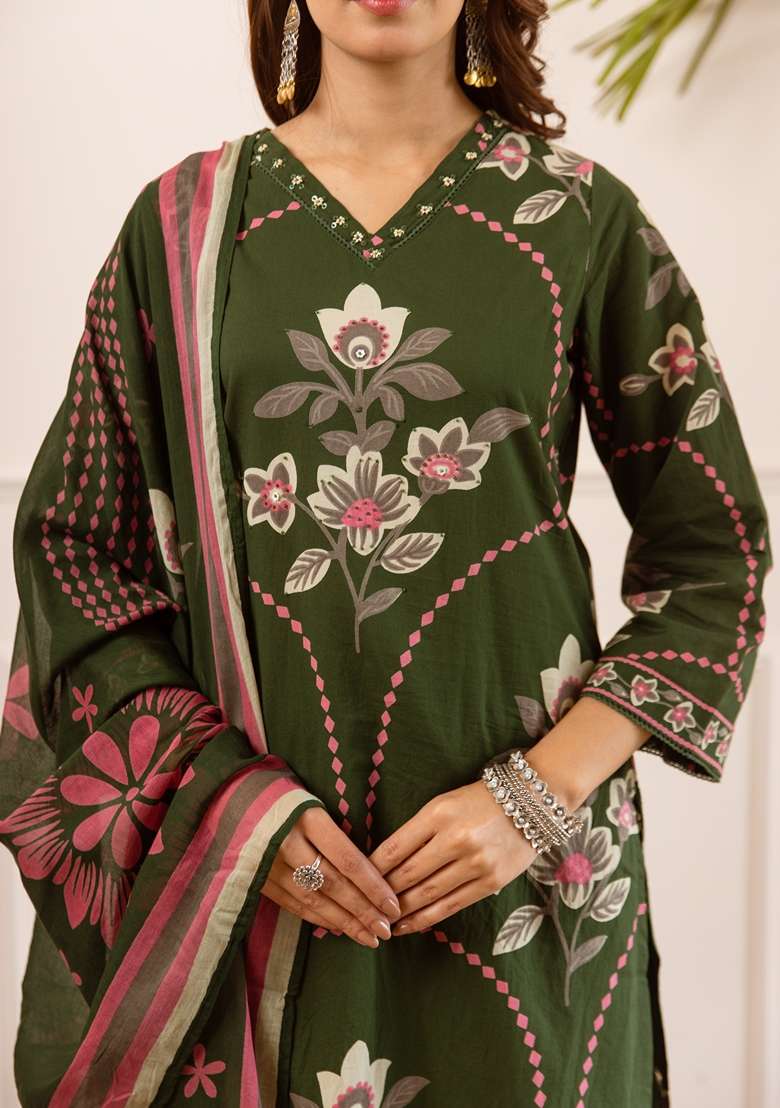 Green Embroidered Cotton Palazzo Set - Indya