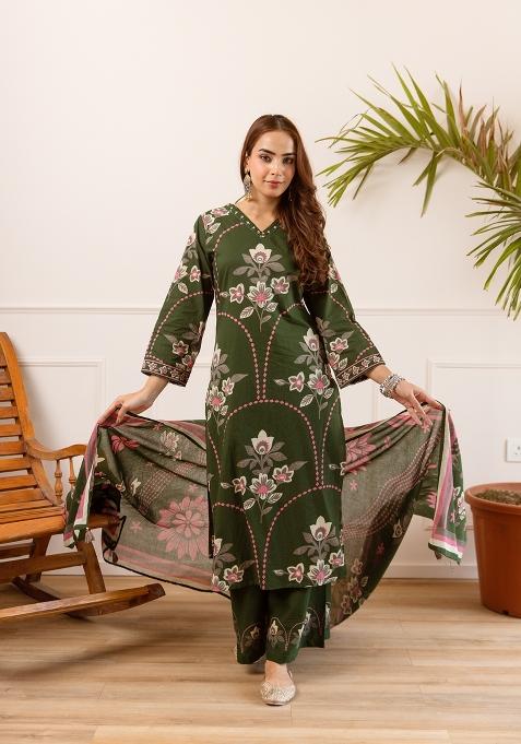 Green Embroidered Cotton Palazzo Set
