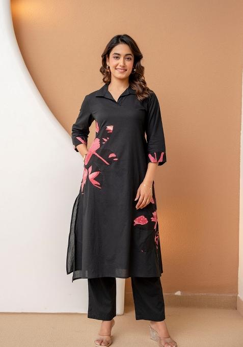 Black Patchwork Cotton Kurta Set