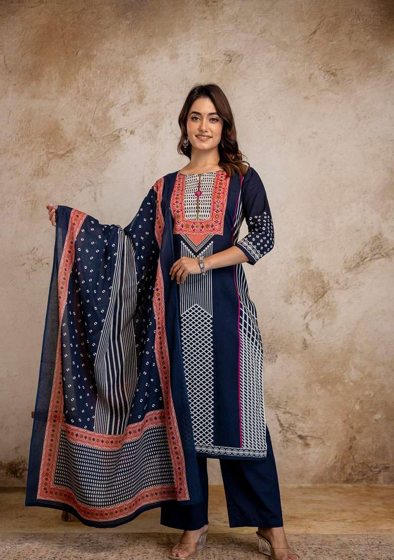 Navy Blue Embroidered Cotton Kurta Set - Indya