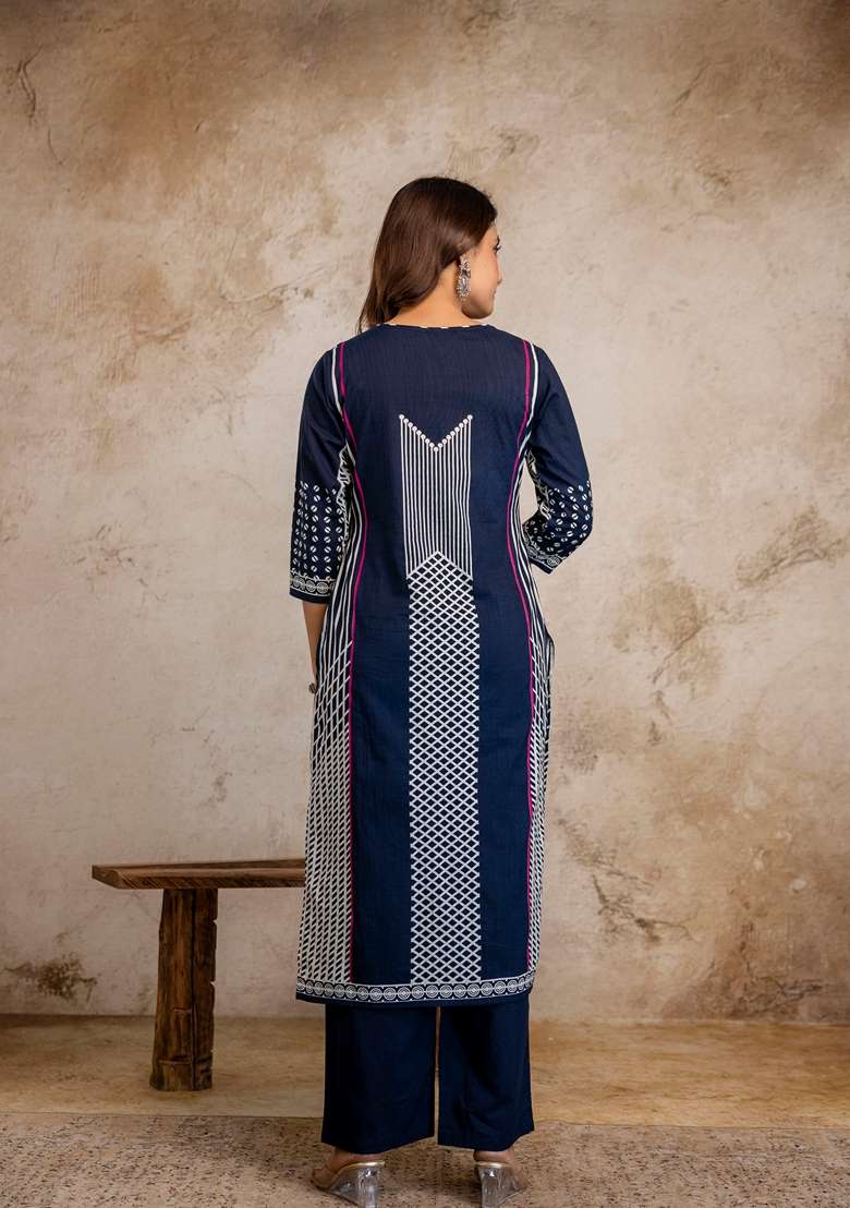Navy Blue Embroidered Cotton Kurta Set - Indya