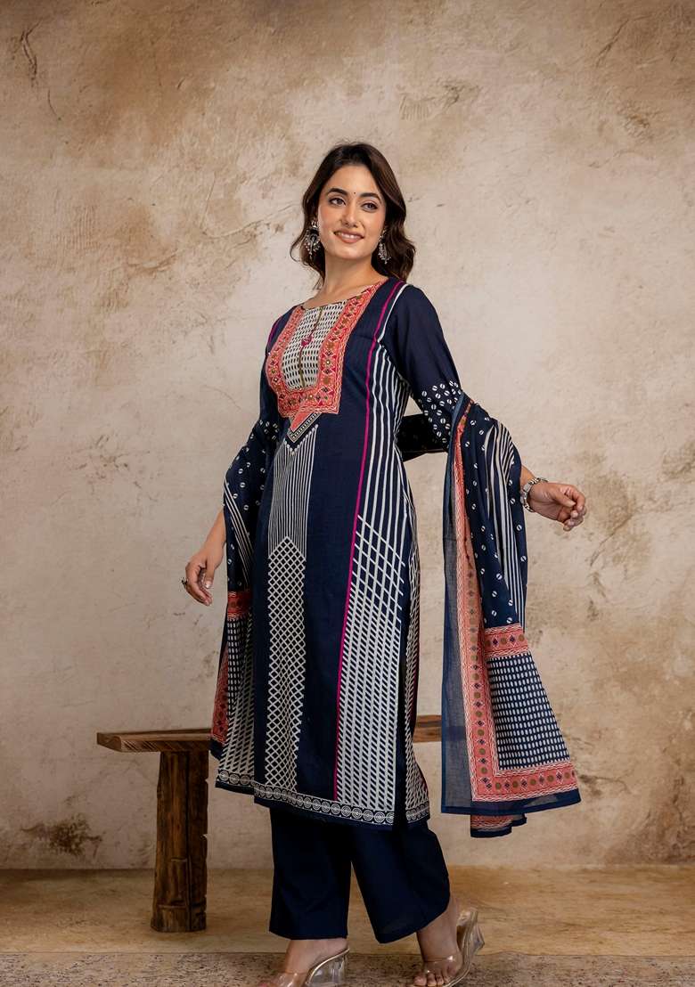 Navy Blue Embroidered Cotton Kurta Set - Indya