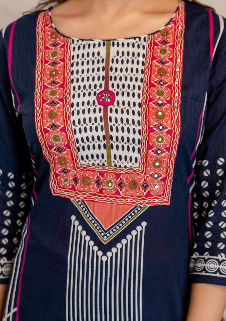 Navy Blue Embroidered Cotton Kurta Set - Indya