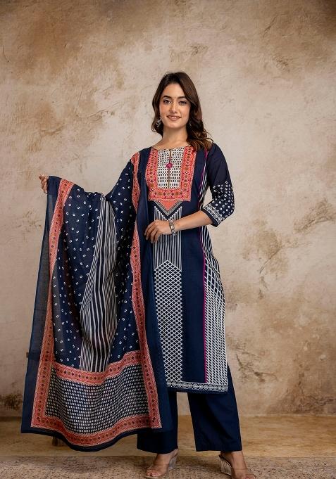 Navy Blue Embroidered Cotton Kurta Set