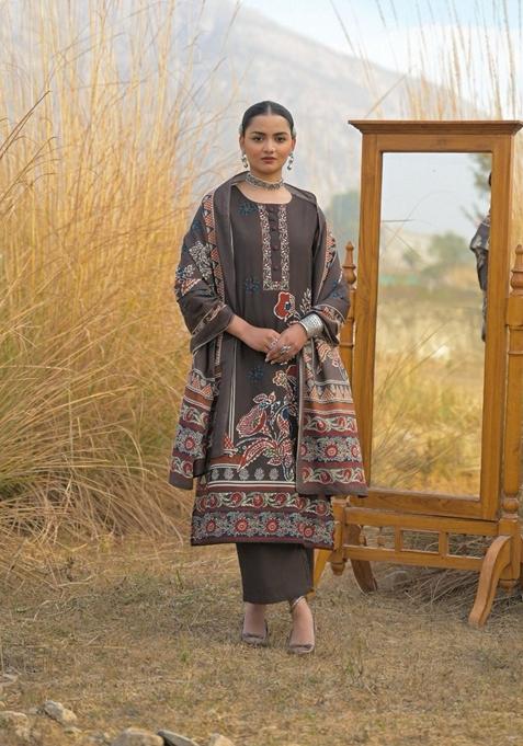 Brown Embroidered Cotton Kurta Set