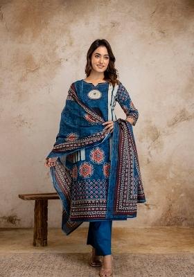 Blue Embroidered Cotton Kurta Set