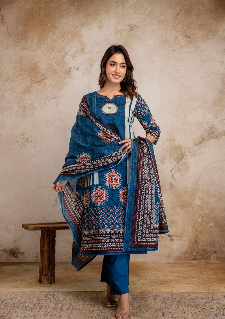 Blue Embroidered Cotton Kurta Set - Indya