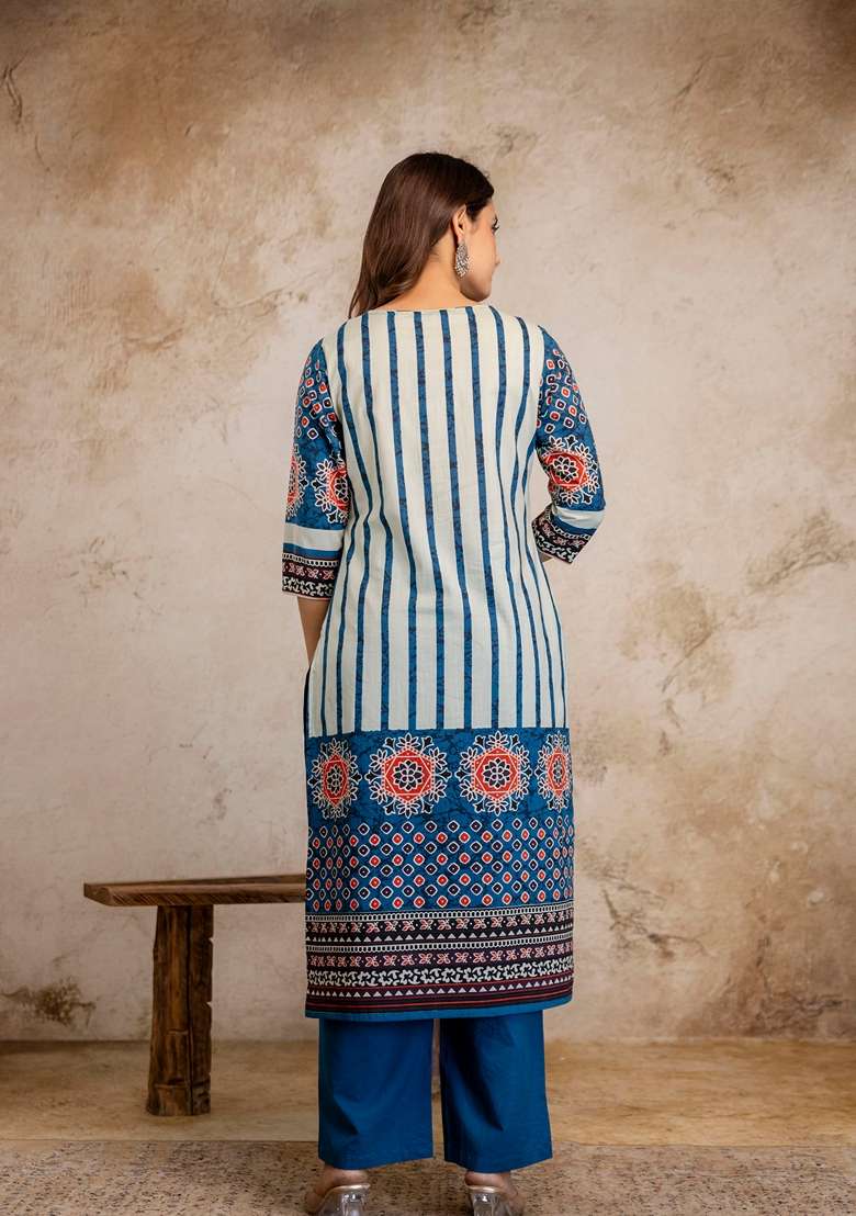 Blue Embroidered Cotton Kurta Set - Indya