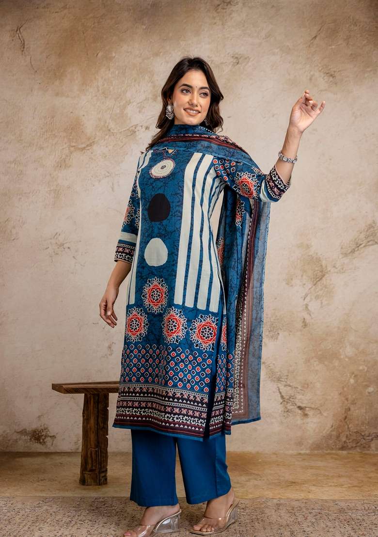 Blue Embroidered Cotton Kurta Set - Indya