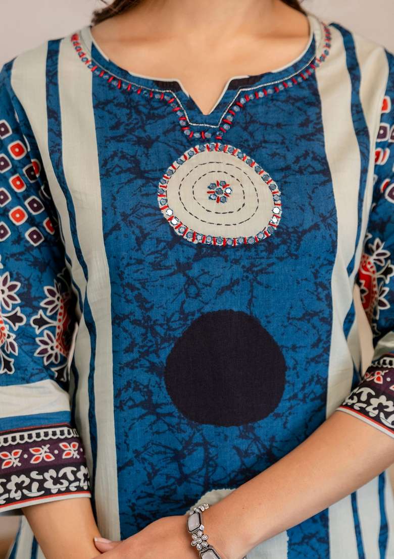 Blue Embroidered Cotton Kurta Set - Indya