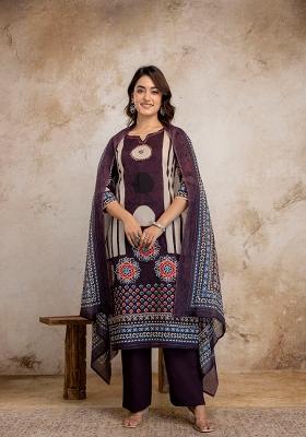 Wine Embroidered Cotton Kurta Set