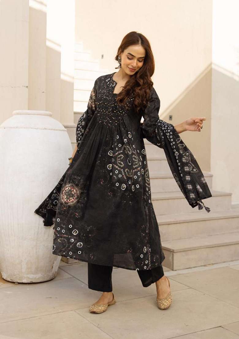 Black Embroidered Cotton Kurta Set - Indya