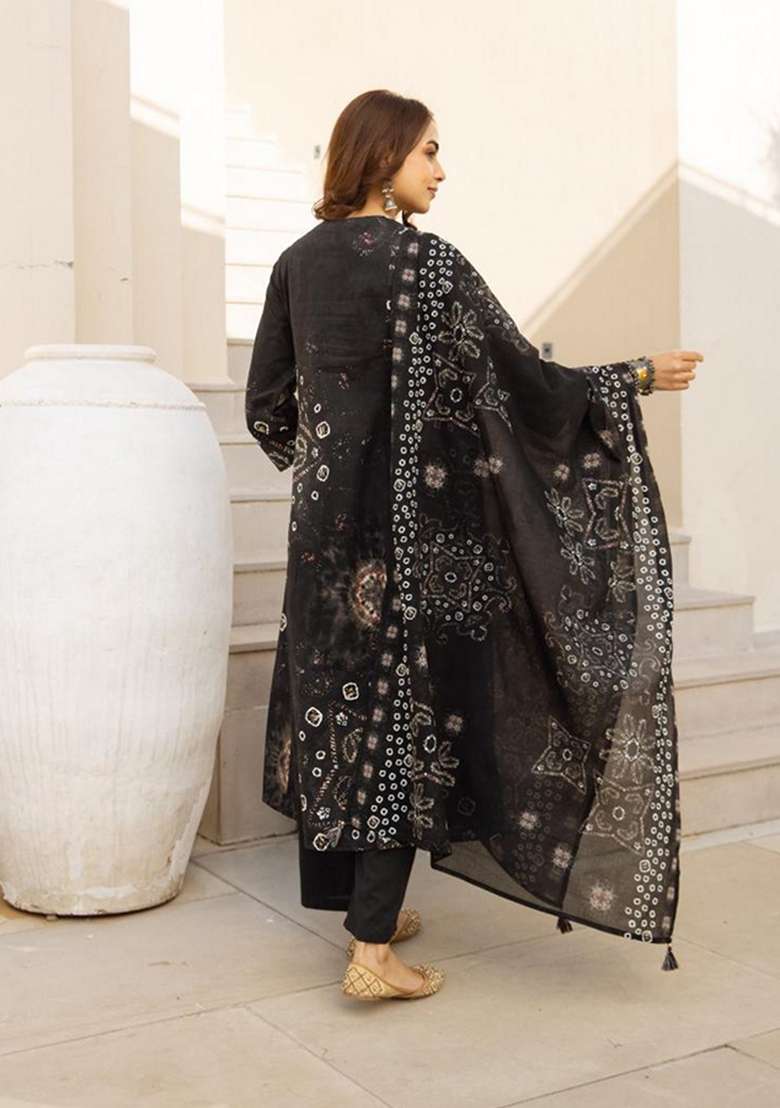 Black Embroidered Cotton Kurta Set - Indya