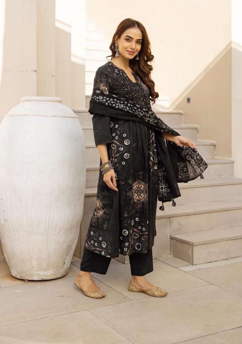 Black Embroidered Cotton Kurta Set - Indya