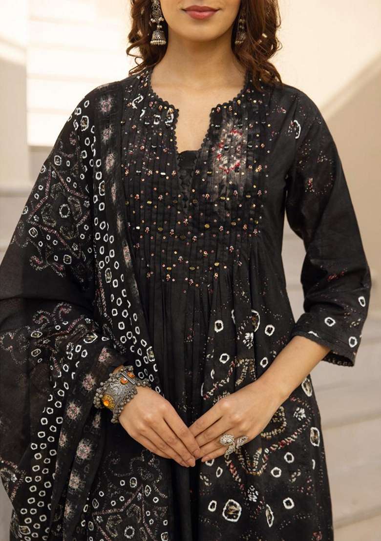 Black Embroidered Cotton Kurta Set - Indya