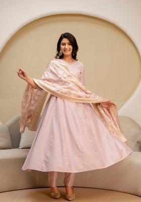 Peach Printed Banarasi Kurta Set