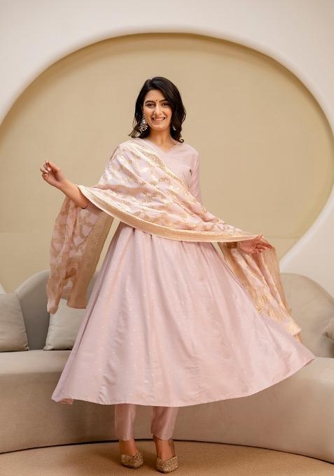 Peach Printed Banarasi Kurta Set