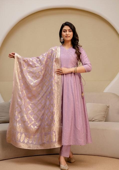 Lavender Printed Banarasi Kurta Set