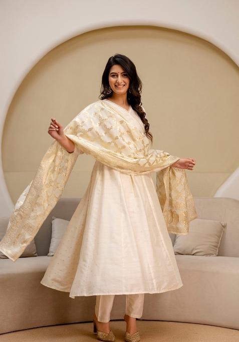 Cream Printed Banarasi Kurta Set