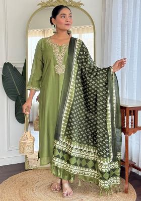 Green Embroidered Silk Kurta Set