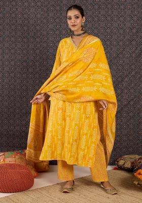 Yellow Printed Chanderi Kurta Set