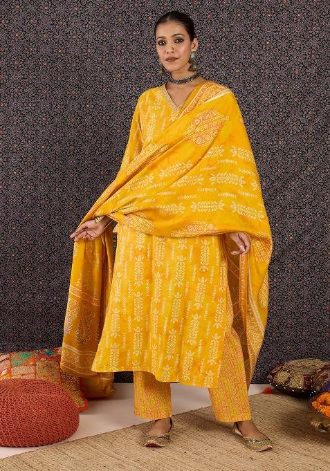 Yellow Printed Chanderi Kurta Set