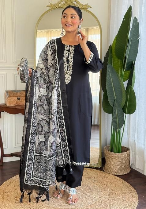Black Embroidered Silk Kurta Set
